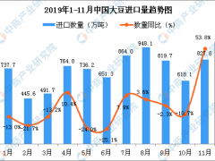 2019年11月中国大豆进口量为827.8万吨 同比增长53.8%