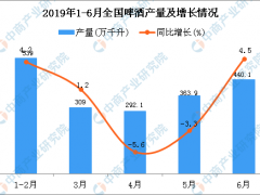 2019年1-6月全国啤酒产量统计数据分析：同比增长0.8%