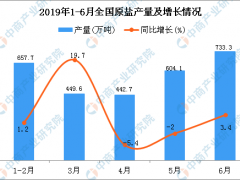 2019年1-6月全国原盐产量为2807.9万吨 同比增长4.8%