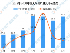 2019年7月中国大米出口量为34.3万吨 同比增长51.1%